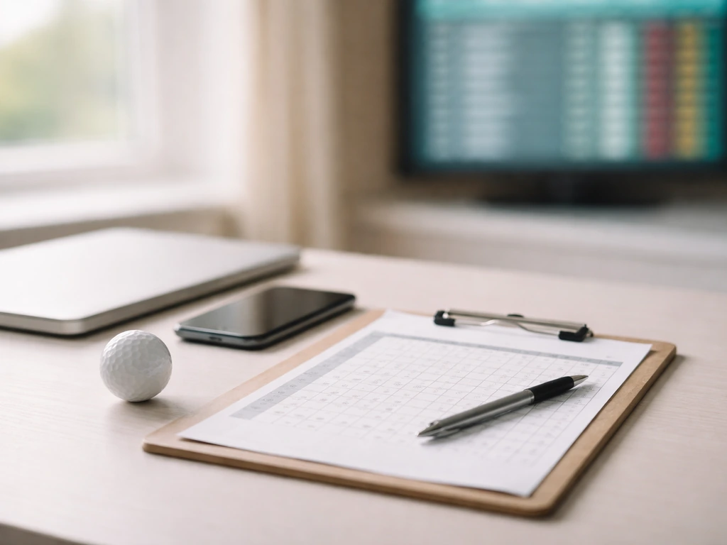 Anonymous golf scorecard with a clipboard and laptop showing a blurred leaderboard-style layout