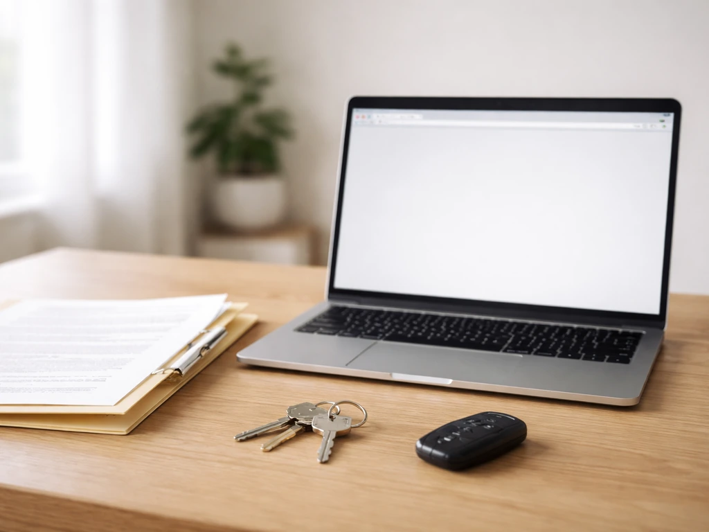 Minimal office desk scene with a property record search vibe and generic asset items like keys and documents.