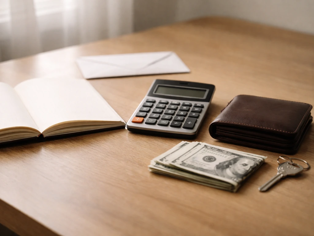 Minimal office scene with a notebook and calculator beside cash and a wallet, symbolizing earnings plus assets minus deb