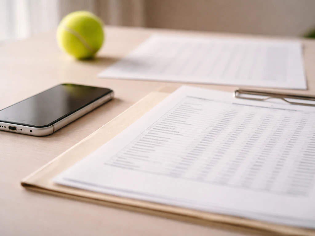 Smartphone and open documents on a desk with a tennis ball, symbolizing ATP-style prize money transparency.