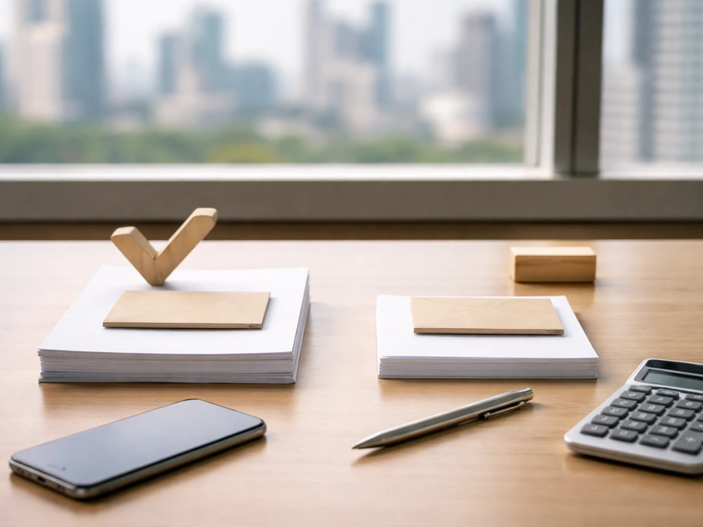 Minimal desk scene with papers and neutral check/minus symbols suggesting what’s included vs left out.