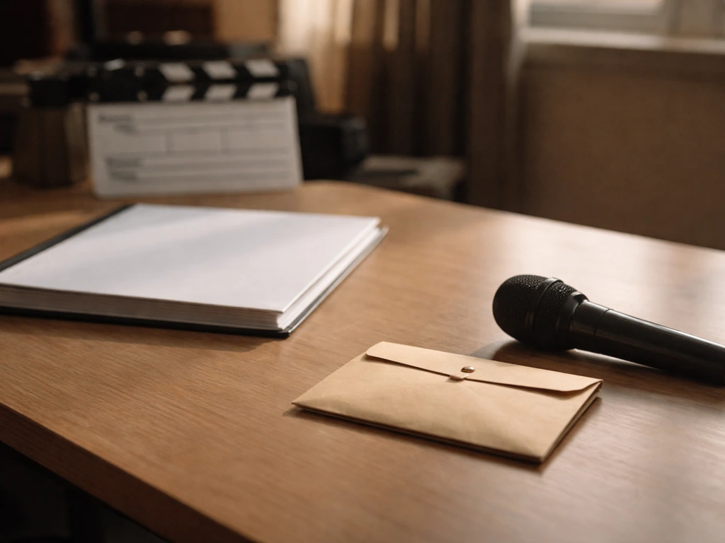 Cinematic film set desk with a small cash envelope and film clapper in soft natural light