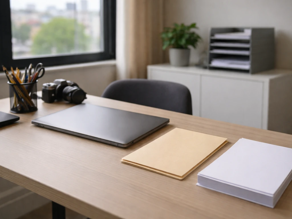 Minimal office desk with a laptop and folder implying a Serbia production company setup