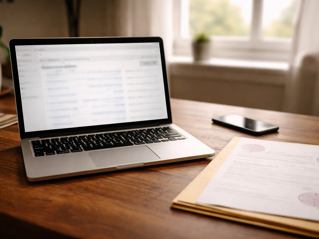 Close-up of a laptop showing a blurred company registry search results layout alongside a folder of documents.