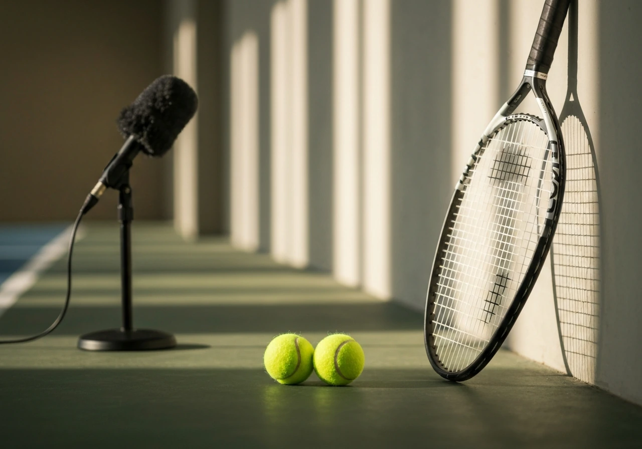 Tennis racket with balls and a microphone, hinting at a sports media interview setup.