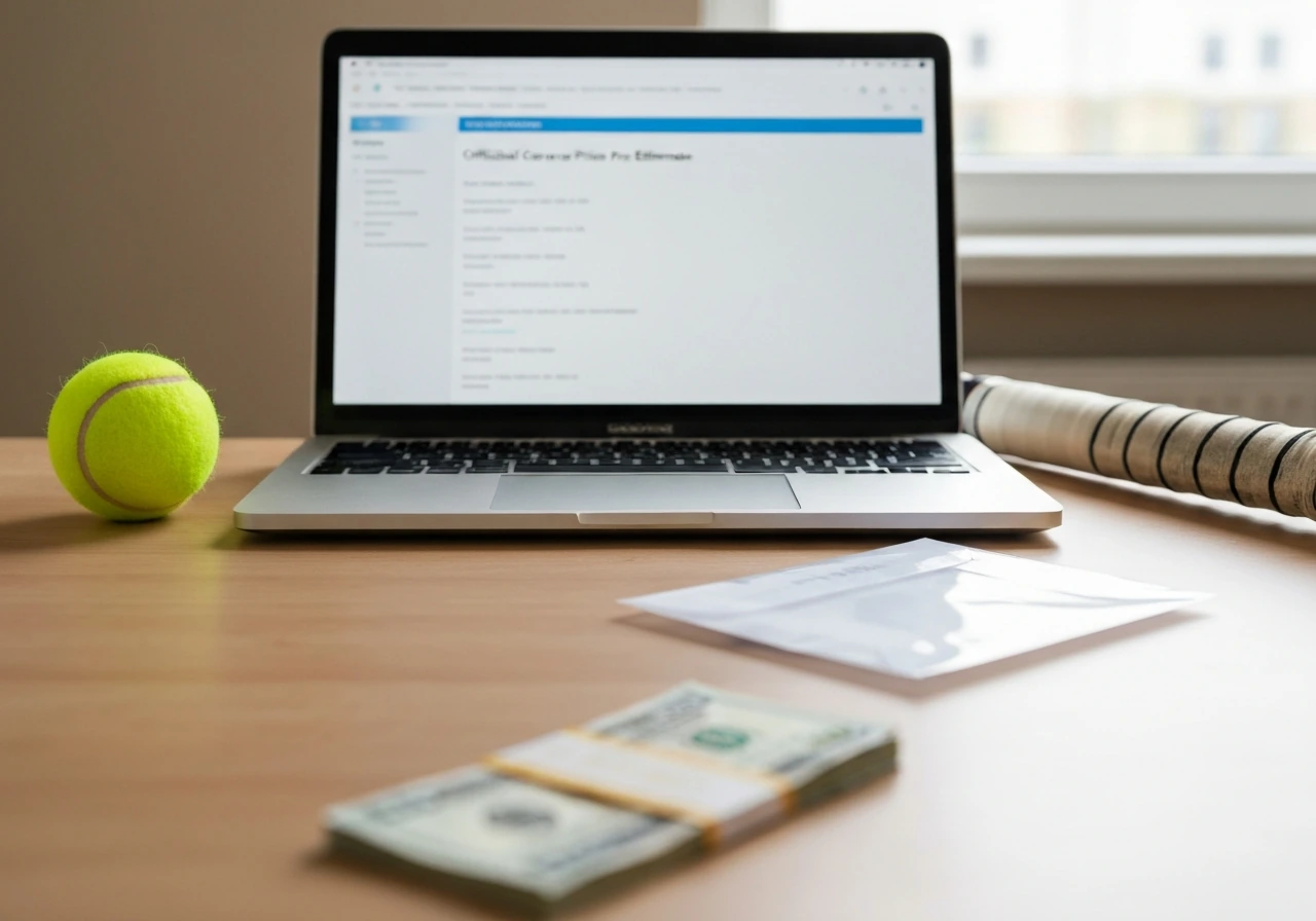 Minimal desk scene with blurred laptop and tennis items, symbolizing official career prize money estimate.