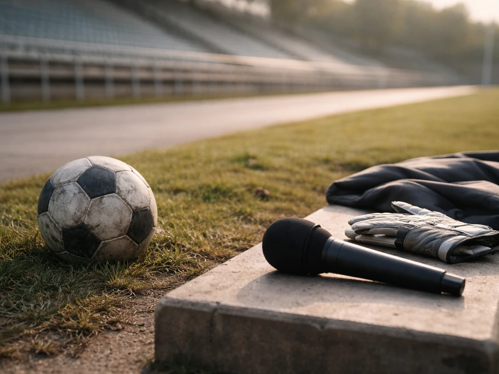 Anonymous football-themed lifestyle scene with a training ball and a media-style microphone on a desk.