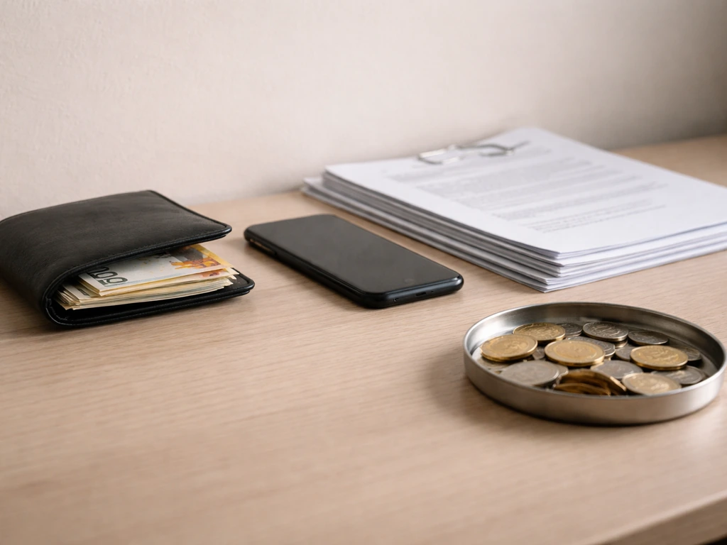 Minimal desk scene with euro cash, coins, and contract papers suggesting different income streams.