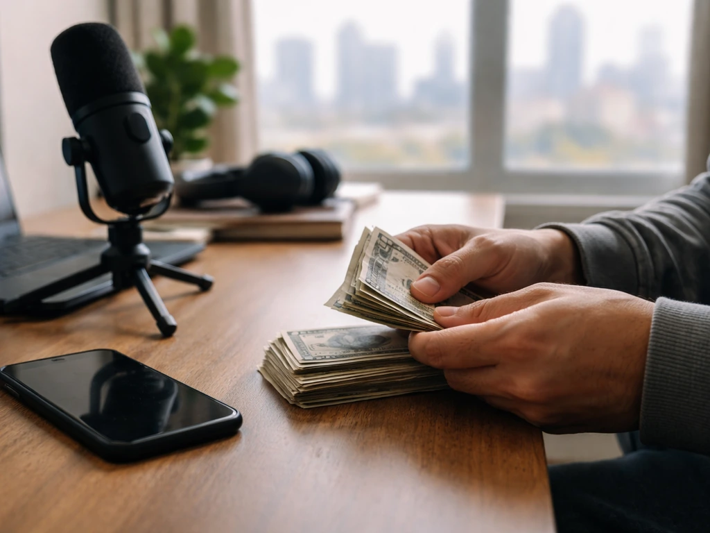 Anonymous hands in a minimal home office with banknotes, a phone, and a microphone by a window skyline.