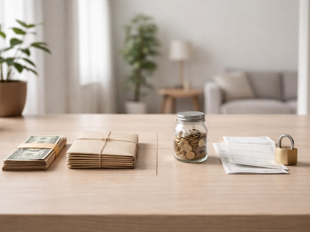 Minimal desk scene with asset items on one side and liability papers and a padlock on the other.