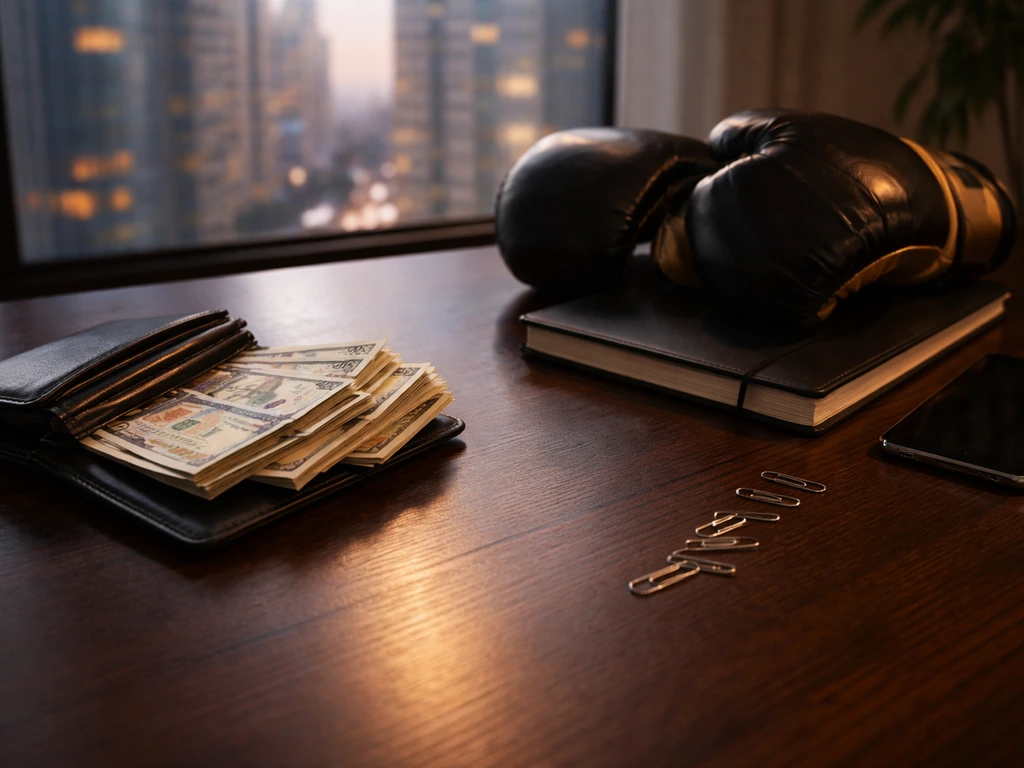 Minimal desk scene with banknotes, premium boxing gloves, and a smartphone symbolizing earnings milestones.