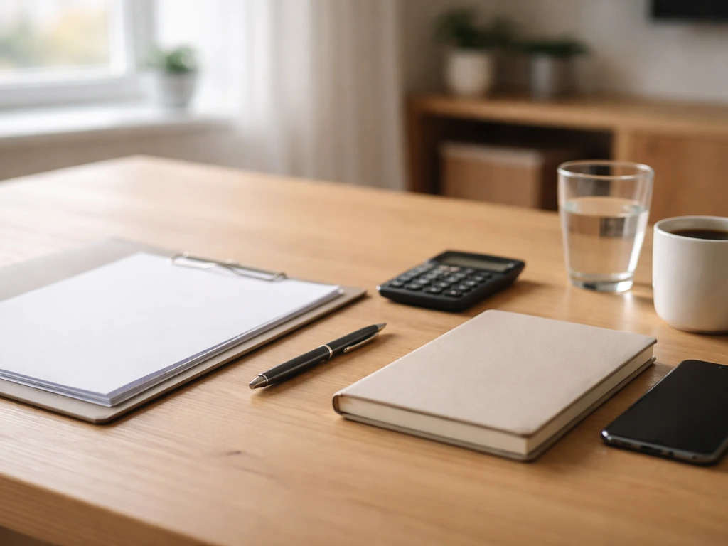 Minimal photo of a tidy desk with documents, a calculator, and a coffee cup suggesting financial methodology