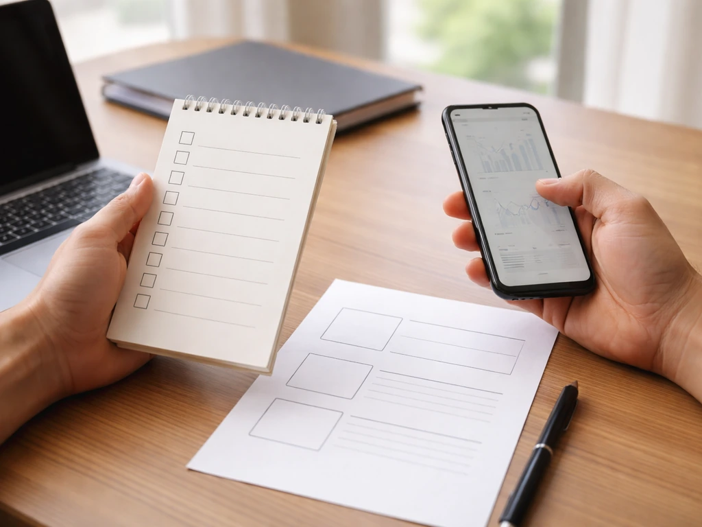 Hands reviewing a finance checklist with phone and laptop on a desk, with empty mock layout boxes.