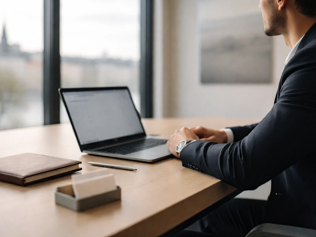 Anonymous venture capitalist in a minimalist office with a laptop and city view, suited for identifying a VC profile.