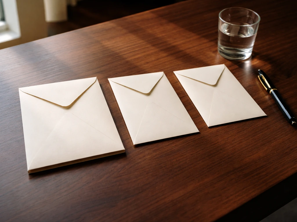 Minimal desk scene with three empty envelopes of different thickness, pen and water glass in natural light.