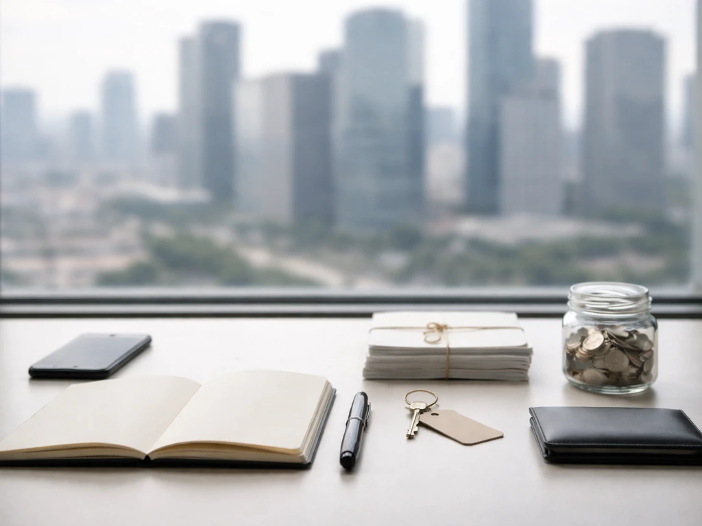 Minimal finance desk with wallet, notebook, pen, keys, documents, and coins beside a blurred city view.