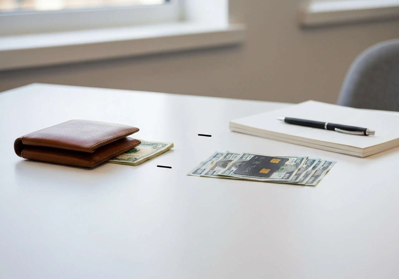 Minimal desk scene with wallet, cash, bills, and credit card suggesting assets minus liabilities.
