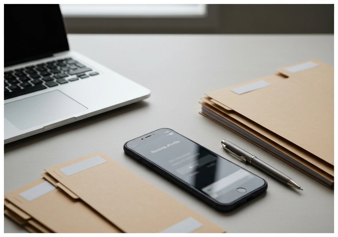 Anonymous office desk with folders and a smartphone showing a business profile-style evidence mood