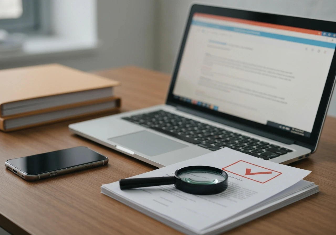 Desk with magnifying glass, documents, and phone next to a laptop, symbolizing checking unreliable money claims