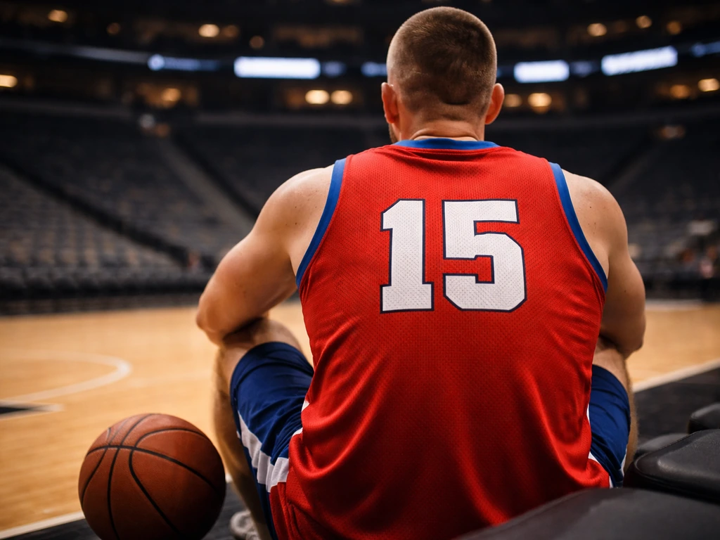 Serbian NBA center in a Pistons-style jersey seated courtside near a basketball, close-up, natural light