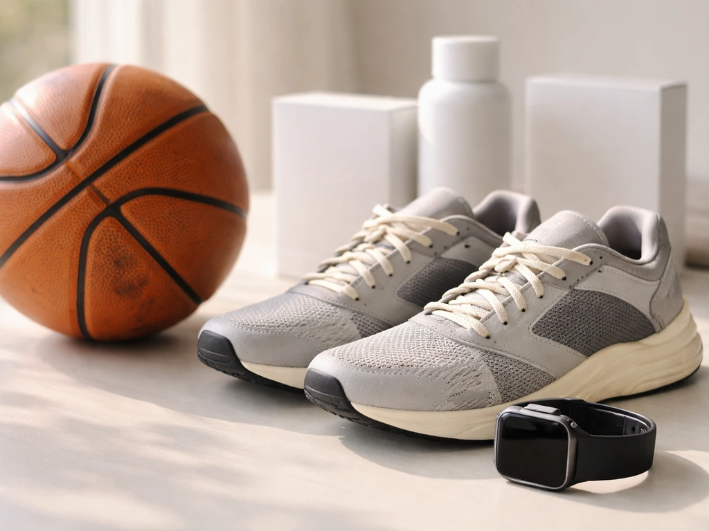 Close-up sportswear branding vibe with a basketball, watch, and product-style mock packaging on a desk