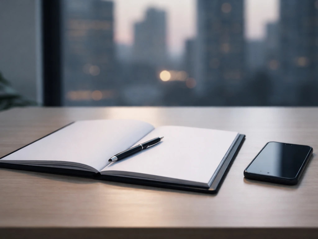 Minimal office scene with a binder of contracts, a pen, and a smartphone beside a small city view at dusk.
