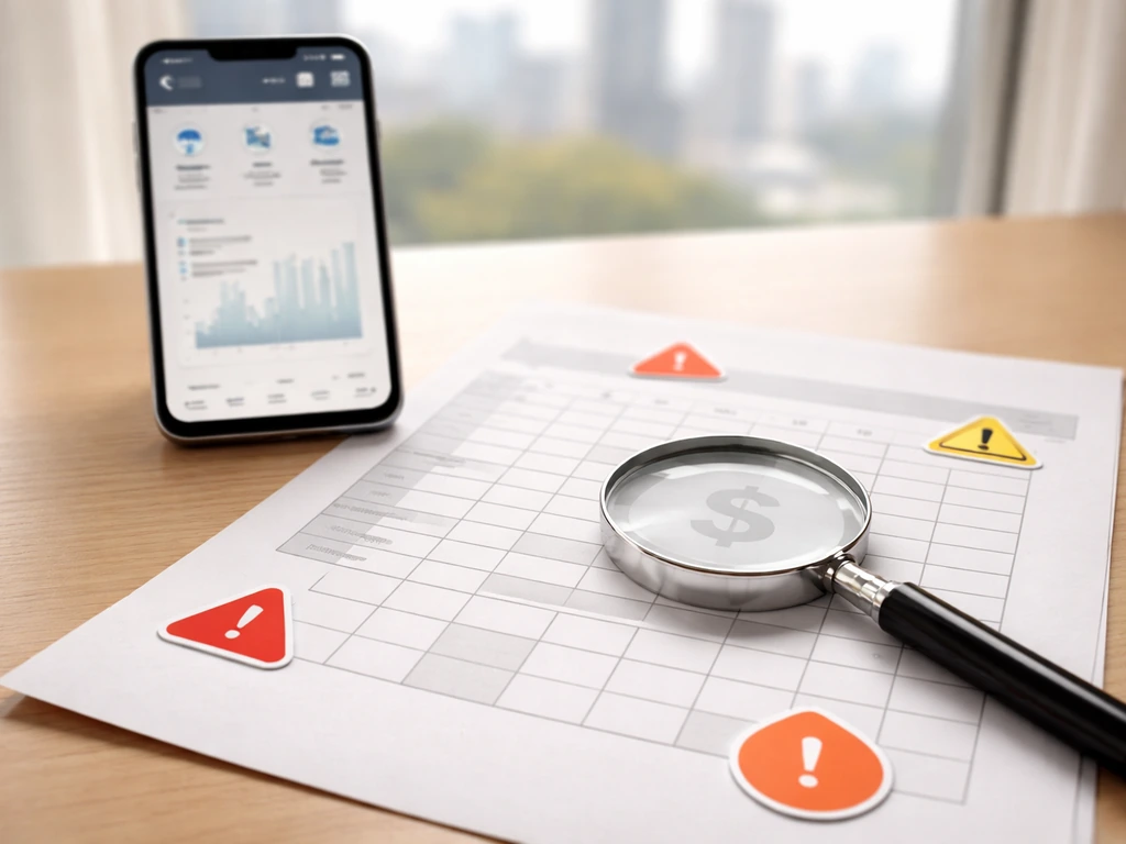 Minimal desk scene with magnifying glass over a blank finance sheet and warning icons for estimating checks