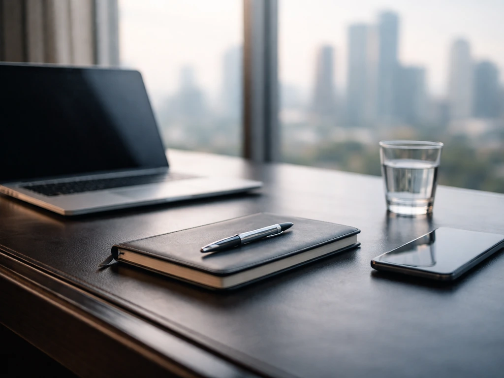 Close-up of a professional desk setup with a laptop, notebook, and pen, symbolizing business finance analysis.