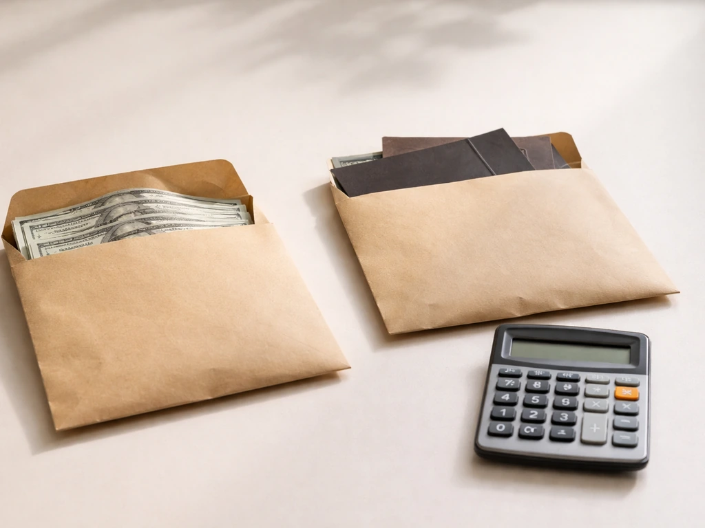Clean desk scene with cash-filled envelope and document-filled envelope suggesting assets vs liabilities.