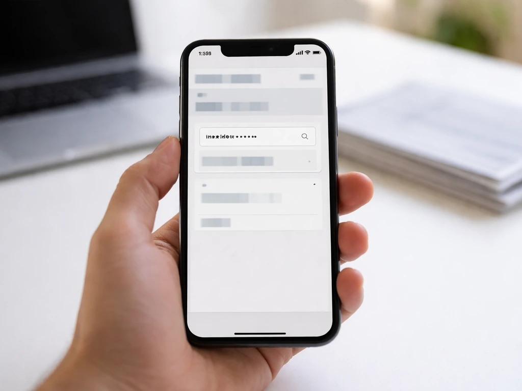 Hand holding a phone showing a generic financial database search screen, quick verification vibe