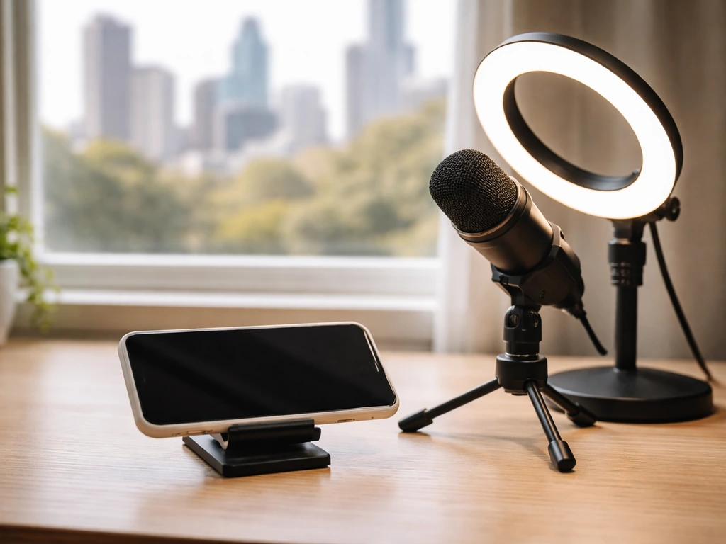 Minimal desk scene with a smartphone, microphone, and blurred window skyline suggesting a social creator identity.