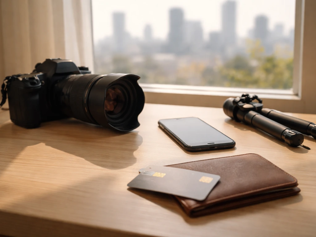 Minimal desk scene with camera, smartphone, passport, and credit card suggesting travel media income sources