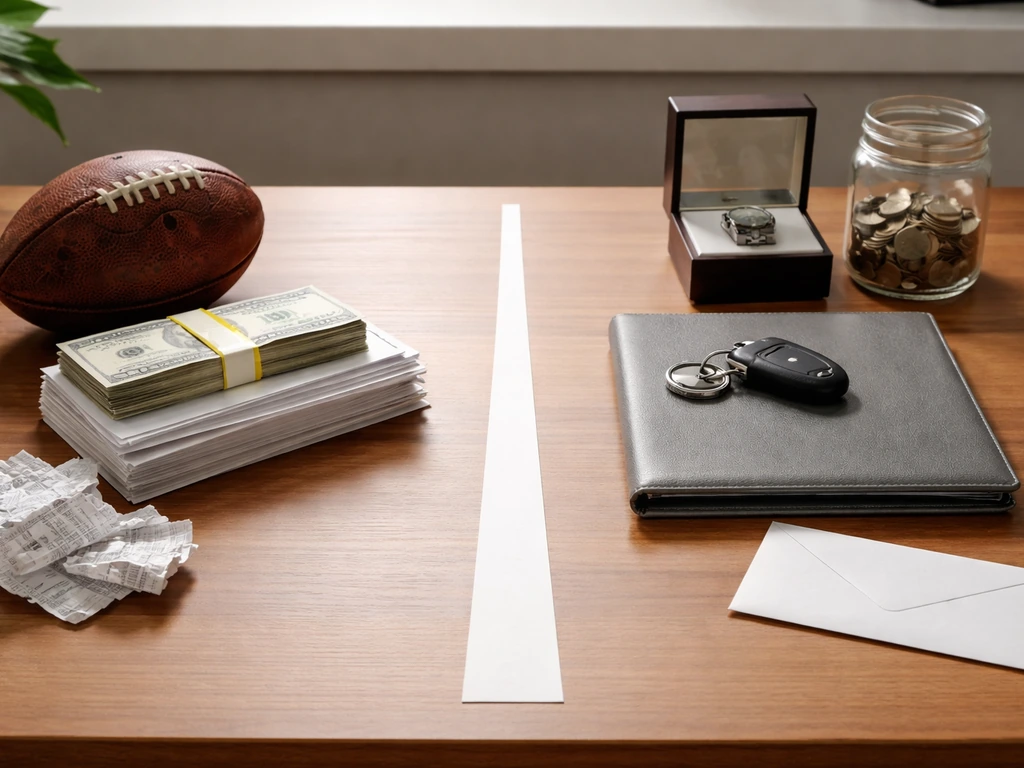Minimal desk scene contrasting football money cues for earnings vs assets after deductions.