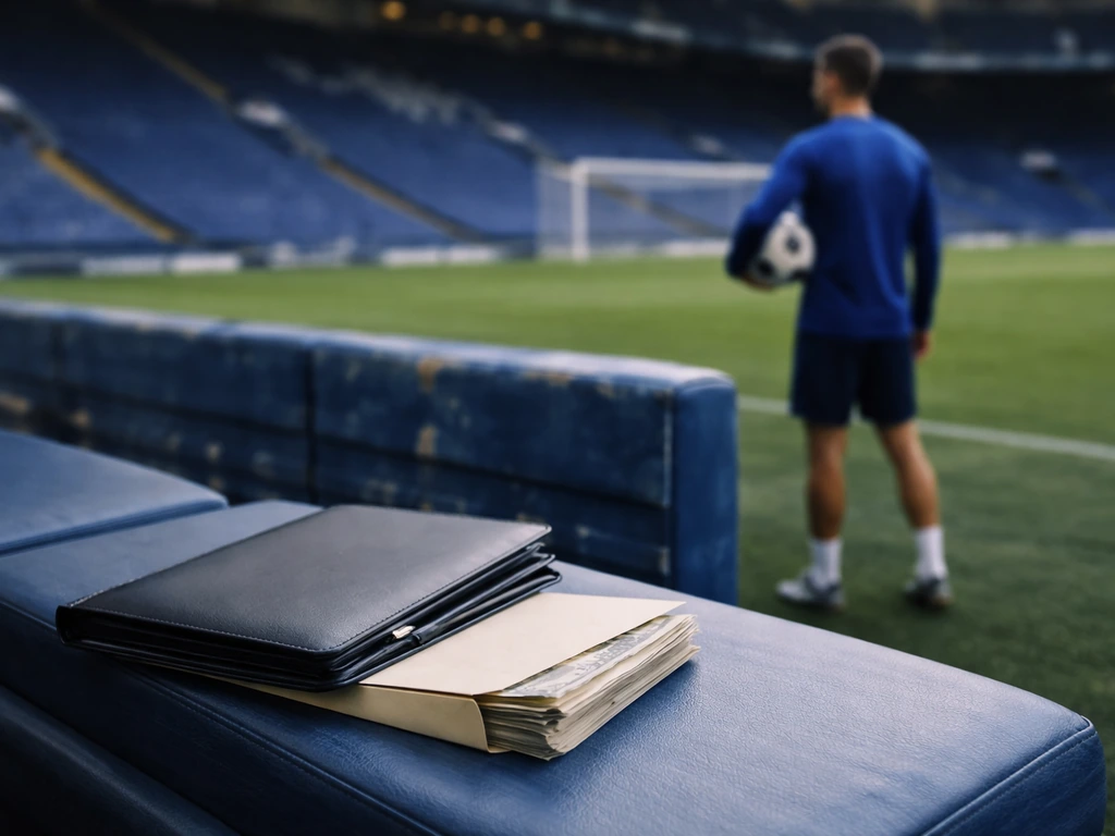 Generic footballer silhouette in blue kit by a bench with a leather folder and envelope at a Chelsea stadium.