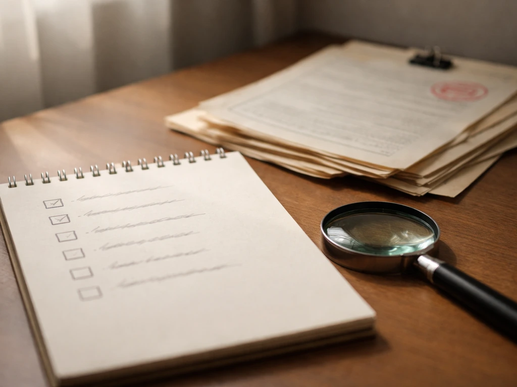 Close-up of a notebook checklist and stamped documents on a desk, symbolizing verified sources and careful research.