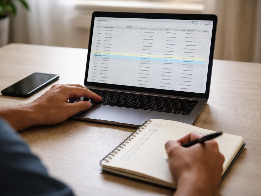 Person researching football payroll on a laptop with notes, using a simple plausibility-check setup.