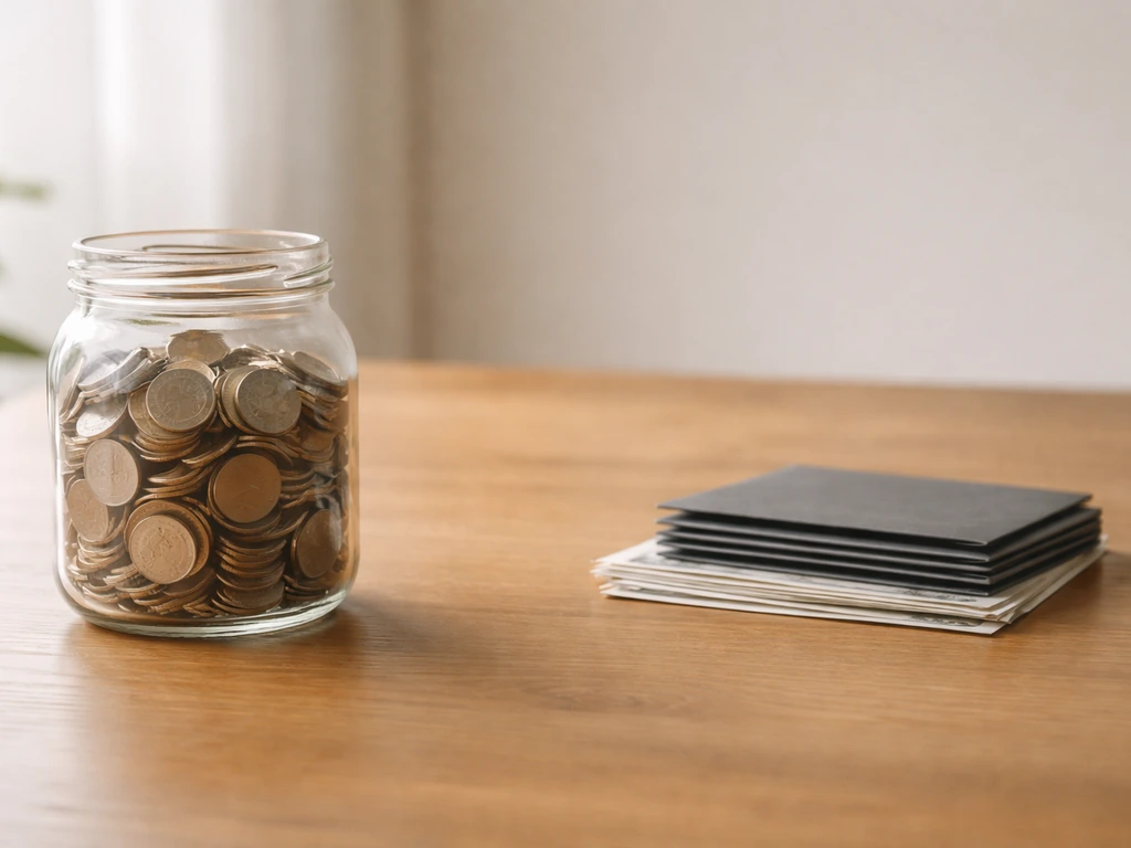 Minimal desk scene with two empty clear containers labeled by contrast: coins jar and debt bills