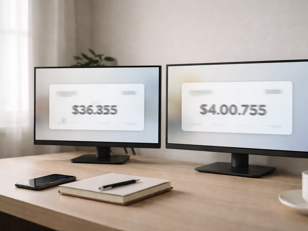 Two unlabeled screens on a desk showing different money-amount cards, symbolizing conflicting net worth estimates