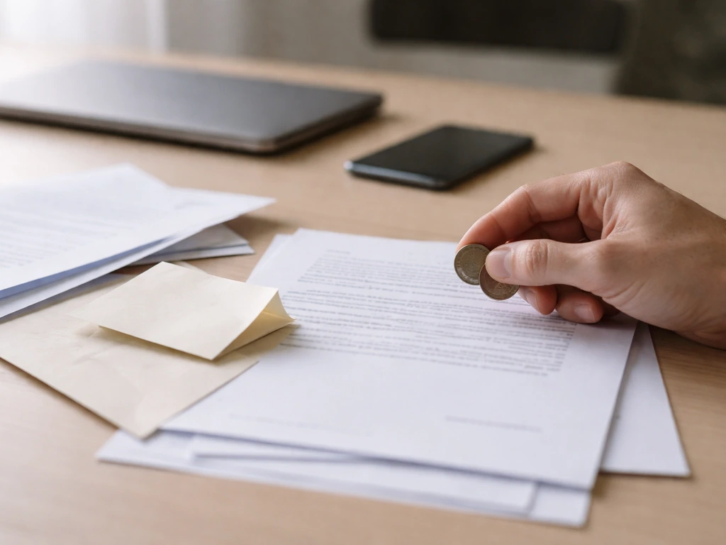 Close-up of a hand near a laptop and scattered documents, symbolizing verifying uncertain financial info