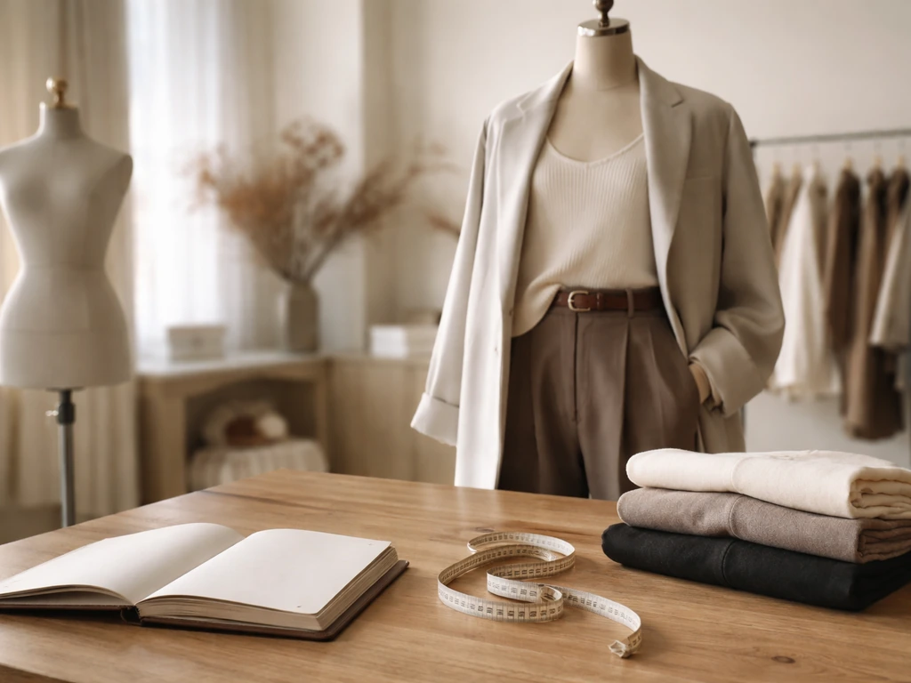 Fashion designer-style workspace with Tibi-inspired styling cues and a simple brand-connected mood.