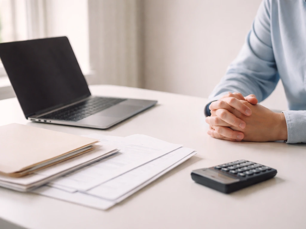 Minimal photo of a person’s hands near a laptop, calculator, and neatly arranged documents suggesting valuation assumpti