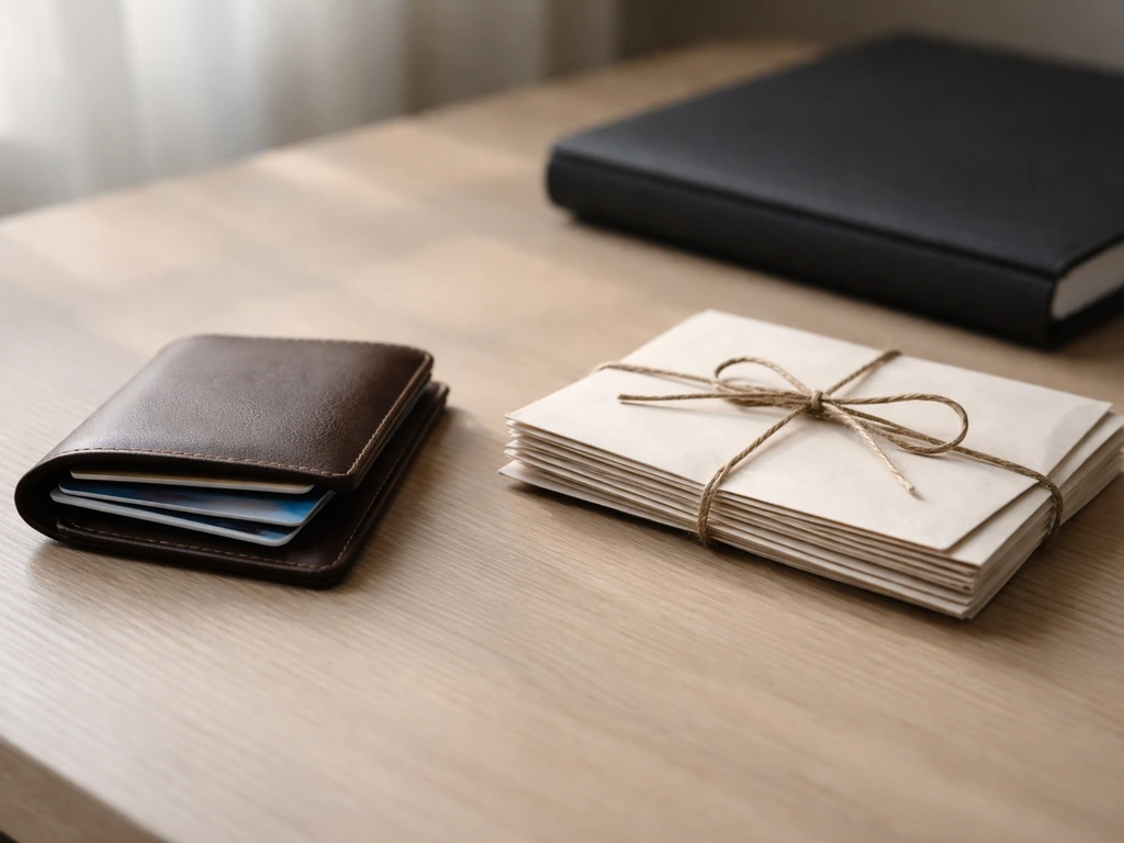 Minimal desk scene showing assets vs liabilities concept with wallet, cards, and blank envelopes.