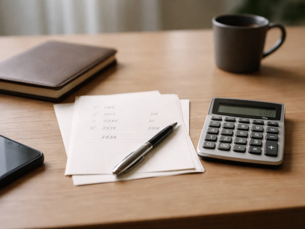 Minimal desk with calculator, blank papers with faint numbers, pen, and coffee mug symbolizing estimate calculations