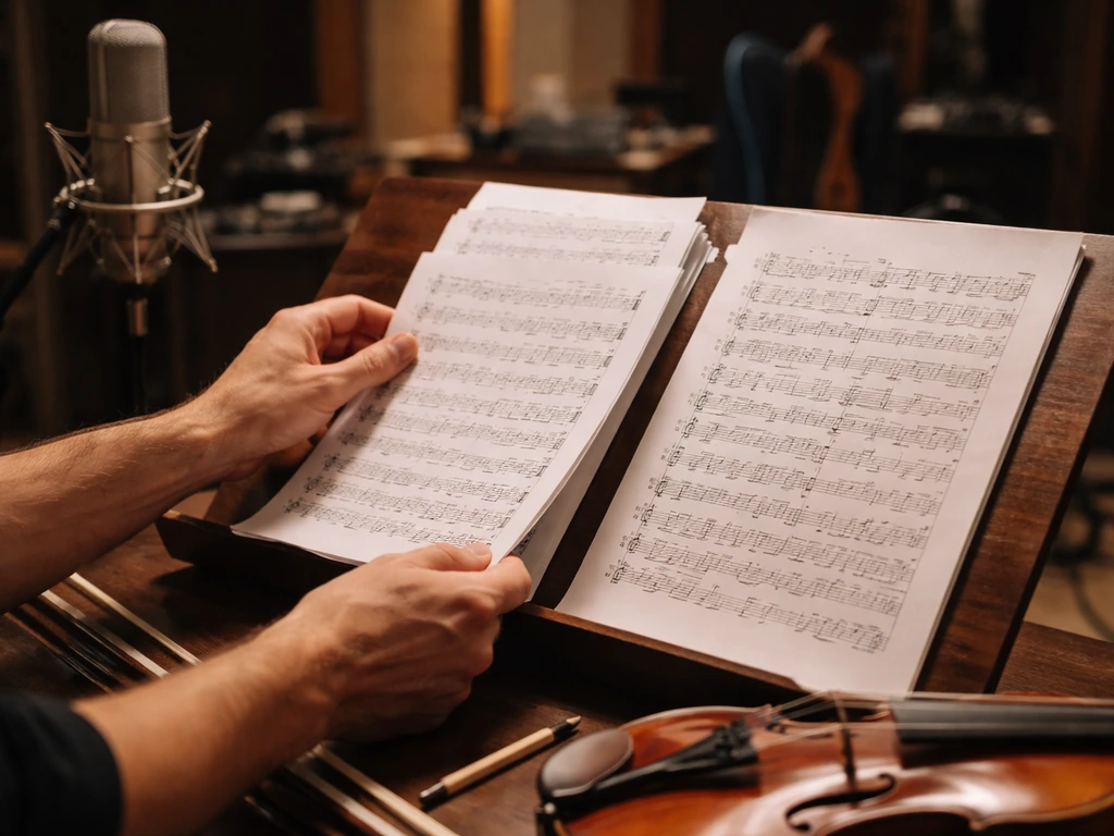 Composer arranging film-score sheet music on a studio desk with a violin and microphone
