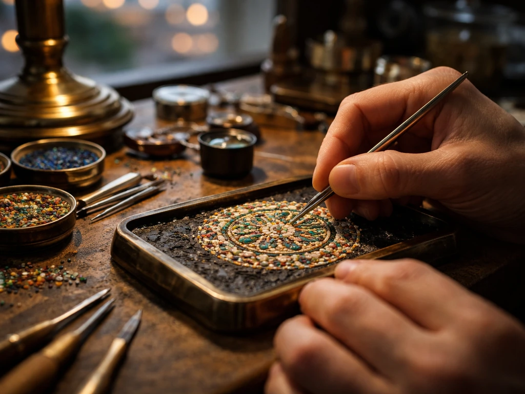 Jeweler’s micro-mosaic craft in a luxury Istanbul workshop with hands, tools, and warm window light.