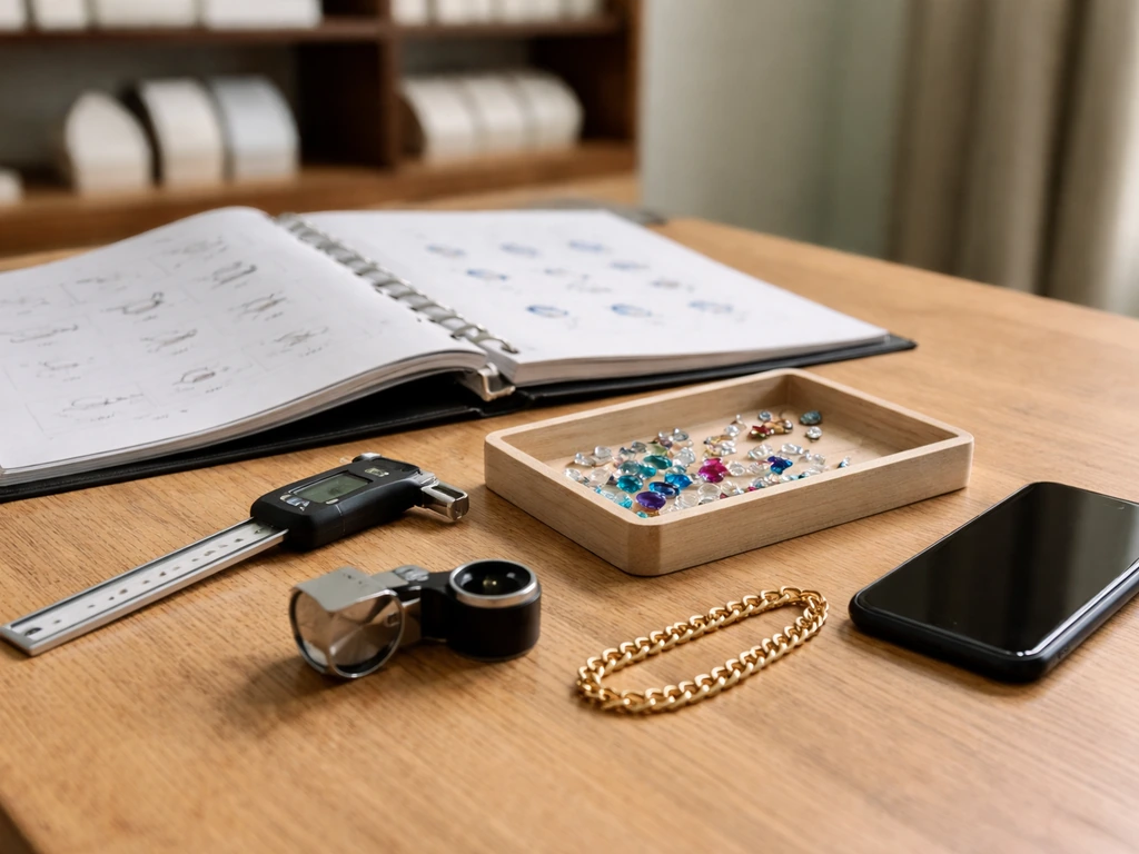 Minimal jewelry workshop bench with gemstones, gold chain, caliper, and open binder for estimation inputs.