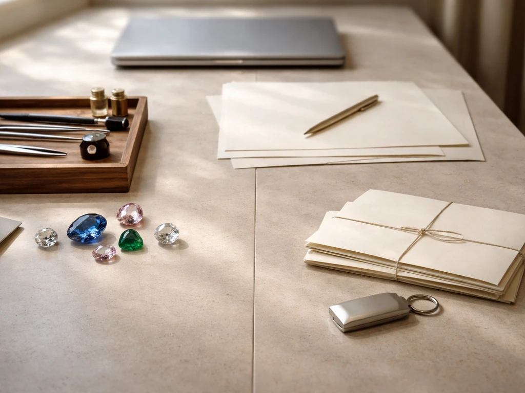 Luxury jewelry workbench with scattered gemstones, ledger pages, and a closed laptop suggesting income sources