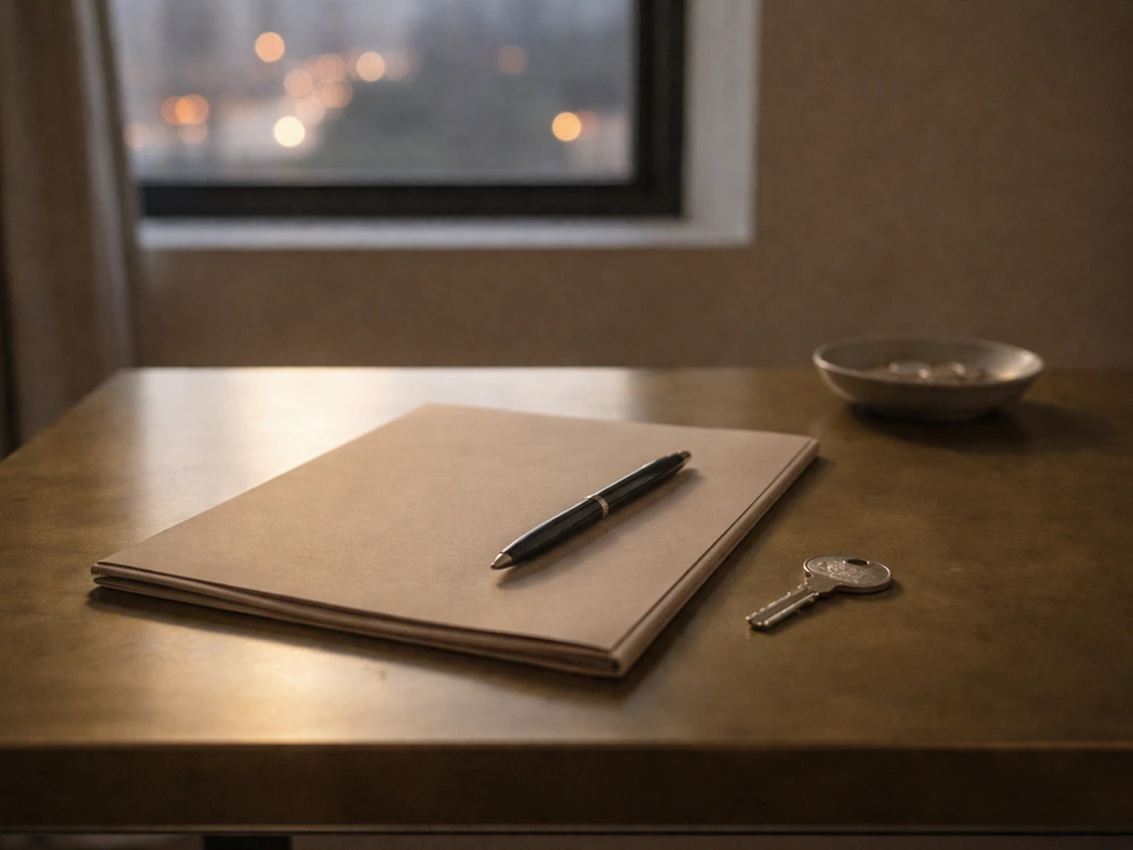 Minimal office desk scene with a single key and closed folder symbolizing unknown real-estate holdings.