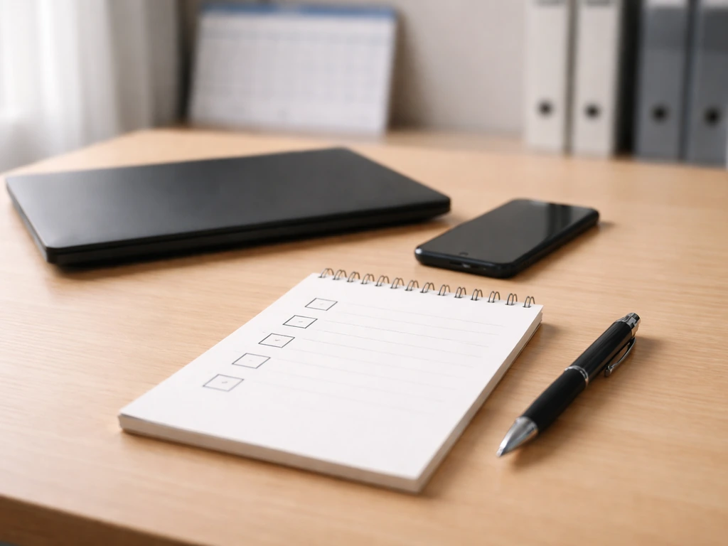 Minimal desk setup with laptop, smartphone, and blank checklist notepad for verifying an estimate.