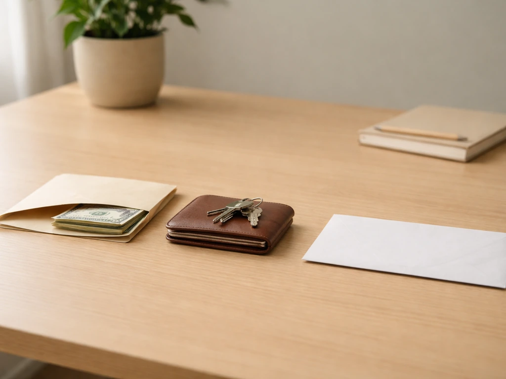 Minimal office desk with cash and wallet beside a face-down bill envelope suggesting assets minus liabilities